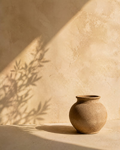 Vase minimaliste en céramique texturée sur fond d'art abstrait beige