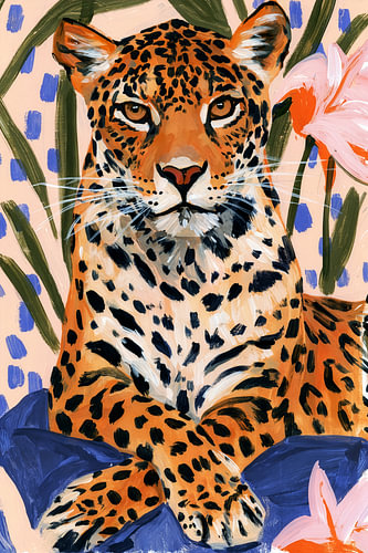 Leopard amongst flowers in warm colours and blue