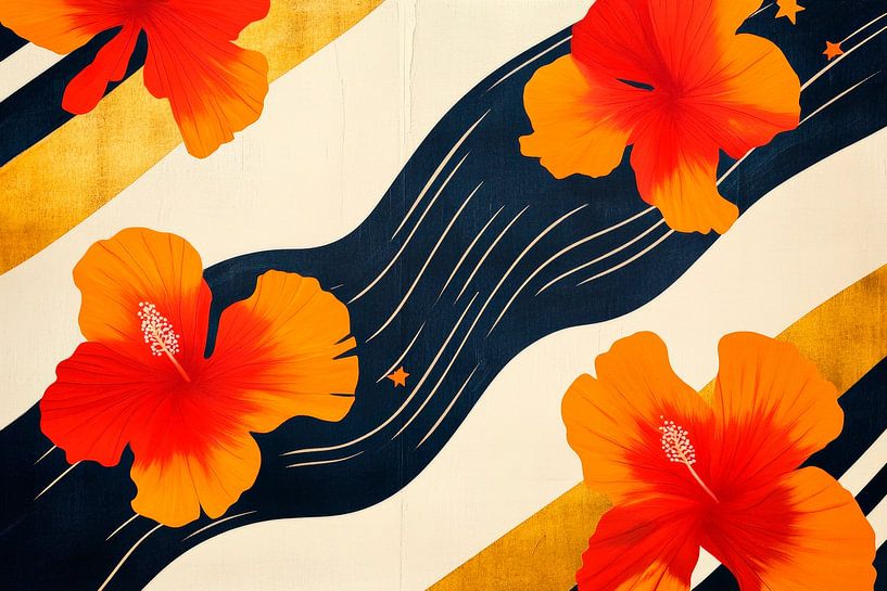Farbenfrohe Hibiskusblüten auf Stoff von Poster Art Shop