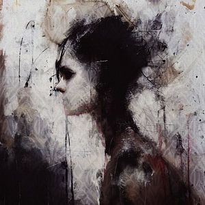 Abstraktes expressionistisches Porträt in Taupe, Schwarz, Weiß, Sackleinen und Rosa