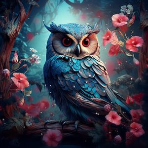 Hibou bleu fleurs roses