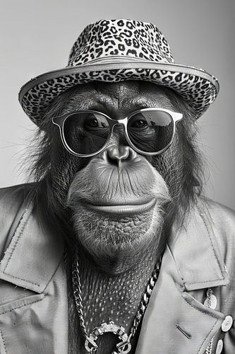 Portret van een orang-oetan met zonnebril en hoed