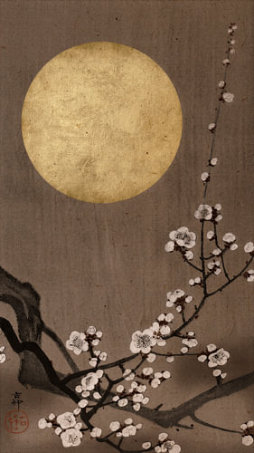 Traditional Japanese print: Blossoms in full bloom under a full moon in warm taupe