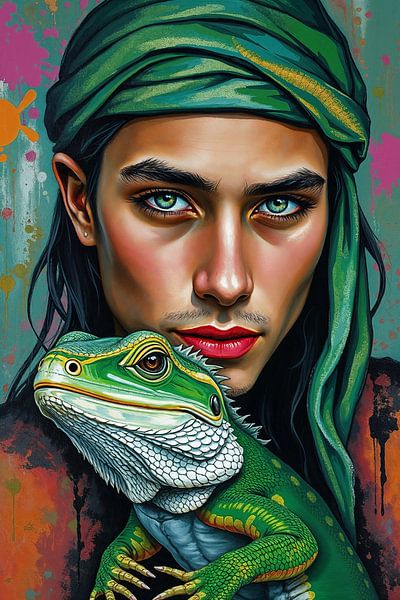 Portrait - junger Mann mit Echse von Liona Toussaint