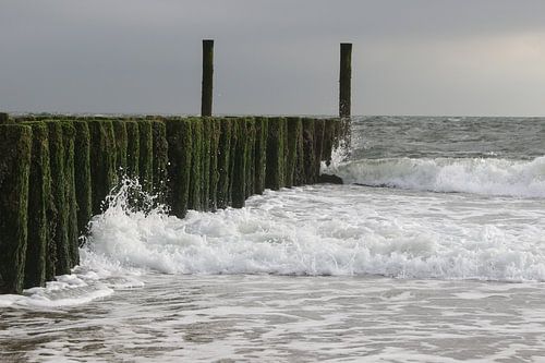 golfbrekers met golven op het strand