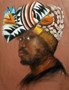 Homme africain avec une coiffe colorée. Peint à la main.