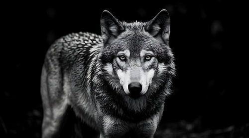 Majestätisches Schwarz-Weiß-Porträt eines Grauwolfs als Wandbild von MIROKKU