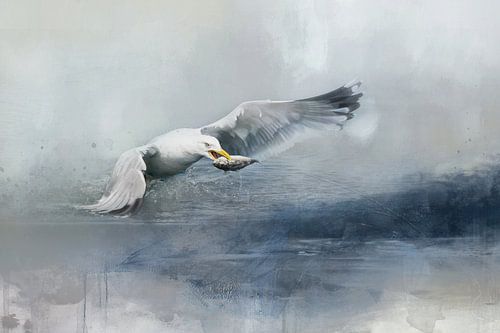 Meeuw In Water Abstract Aquarel Schilderij