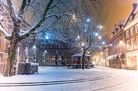 Snowy winter evening view in Zwolle at night
