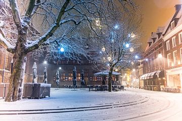 Snowy winter evening view in Zwolle at night by Sjoerd van der Wal