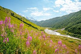 View of the Georgian mountain peaks and glaciers