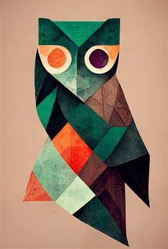An owl, abstract in geometric shapes with textures of nature