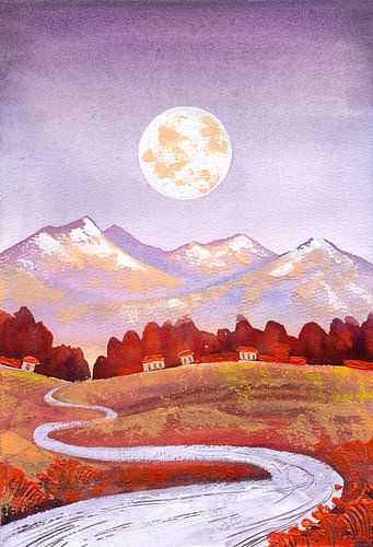 Full Moon Purple Orange Mountain and River Landscape by Ekaterina Prisich
