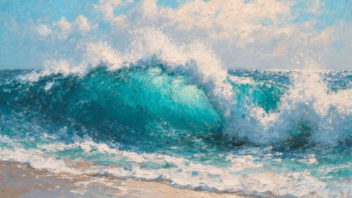 Une vague déferlante — Peinture à l'huile impressionniste représentant une mer turquoise et un rivage sablonneux