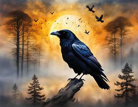 Corbeau soleil levant, brume matinale sur Betty Maria Digital Art