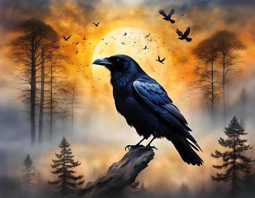 Corbeau soleil levant, brume matinale