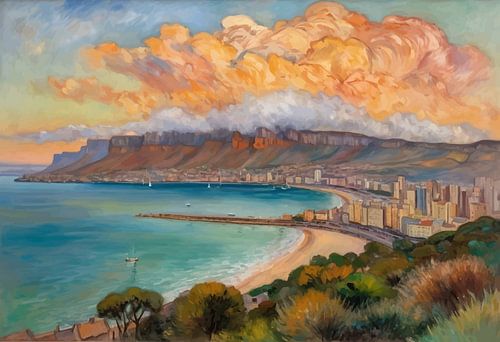 Tafelberglandschap met wolken en oceaan