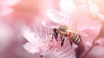 Une abeille dans un décor de conte de fées avec des fleurs roses et blanches