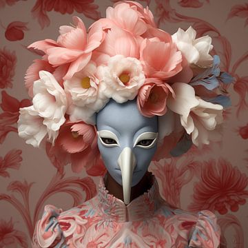 Porträt eines seltsamen Vogels mit floraler Perücke in unscharfem Pfirsich von Lauri Creates