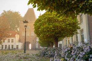 Koornmarkt mit dem Koornmarktspoort in Kampen bei Sonnenaufgang