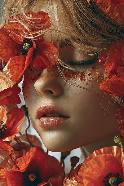 portrait surréaliste femme avec fleurs coquelicots coquelicots par Egon Zitter