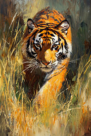 Tiger im goldenen Gras – kraftvolles Impasto – Tierkunst von Eva Lee