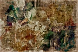 Abstrakte Retro Botanik. Regenwald, Gräser, Blumen und Blätter in Grün, Beige, Grau, Weiß