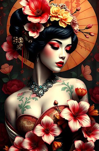 Geisha oosterse vrouw met bloemen