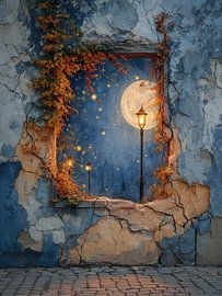 Surreal Window in the Wall - Moonlight Mystery Painting by BowiScapes - Fine Art and Urban Wall Art
