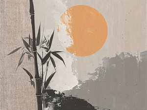 Japandi-Landschaft mit Bambus und warmer Sonne