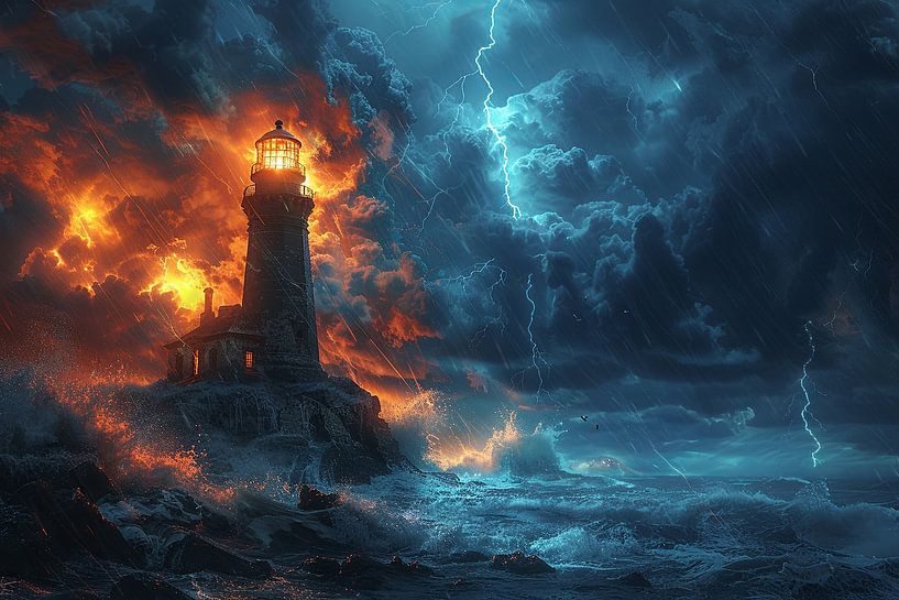 Dramatische vuurtoren in een storm met bliksem en golven van Poster Art Shop