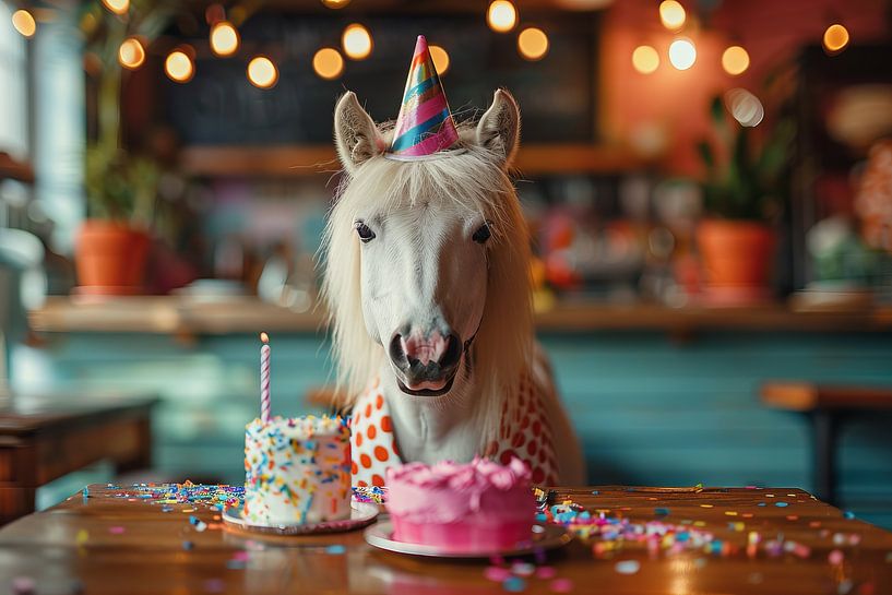 Lustiges Pferd mit Partyhut und Kuchen von Poster Art Shop
