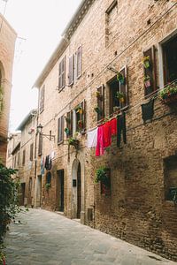 Toskanisches Straßenbild mit Wäscheleine und Pflanzen | Reisefotografie-Druck | Toskana, Italien