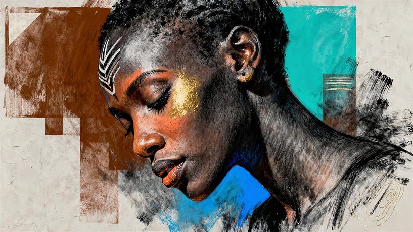 African Beauty in Mixed Media - Portrait with Gold Accents by Arjen Roos