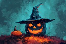 Magical Autumn Night - Pumpkin with Witch's Hat by Eva Lee