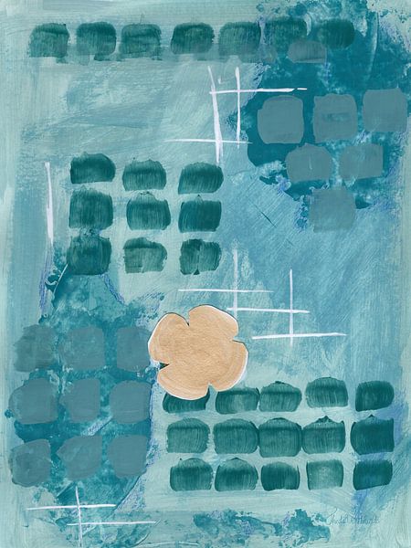 Glory – Abstract Painting in Teal and Gold with Clover Detail by Theda Wiebrands