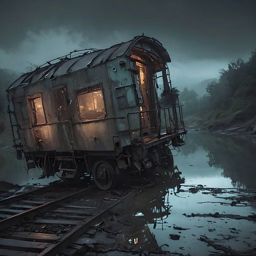 bewoonde woonwagen bij een rivier, verlicht