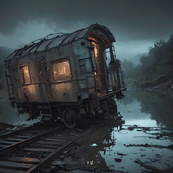 bewohnter Bauwagen an einem Fluß, beleuchtet von Nick Wendt