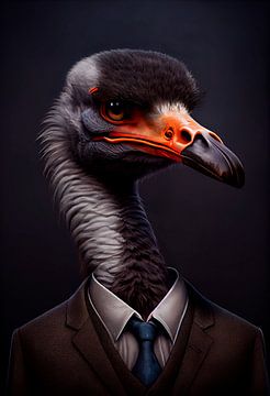Statig staand portret van een Struisvogel in een pak van Maarten Knops