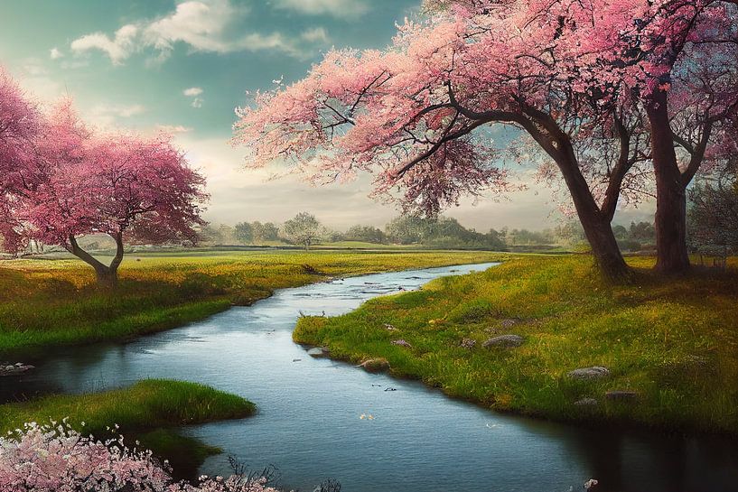 Parc avec rivière et arbres en fleurs au printemps Illustration par Animaflora PicsStock