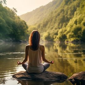 Frau praktiziert Achtsamkeit und Meditation in ruhiger Natur von Animaflora PicsStock