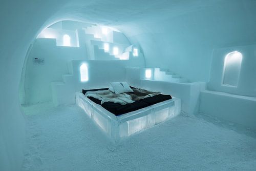Bedroom hand carved out of ice at the IceHotel in Jukkasjärvi, Lapland, Sweden