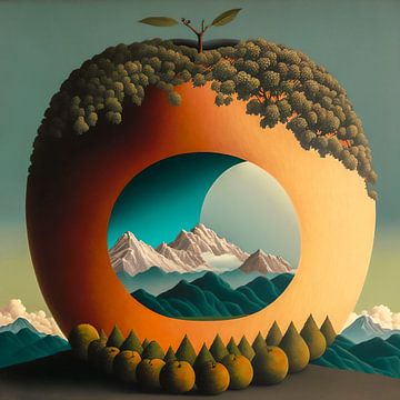 A mountain landscape in an apple, surrealism by Roger VDB