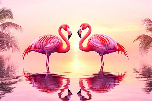 Elegante flamingo's bij zonsondergang