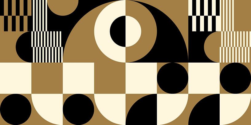 Abstrakte geometrische Retro-Kunst in Gold, Schwarz und Off-White Nr. 1 von Dina Dankers