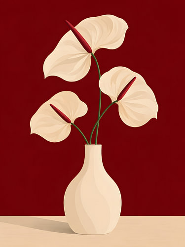 Anthuriums crème sur fond bordeaux