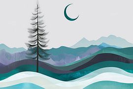 Berglandschap met maan en dennenboom van Poster Art Shop