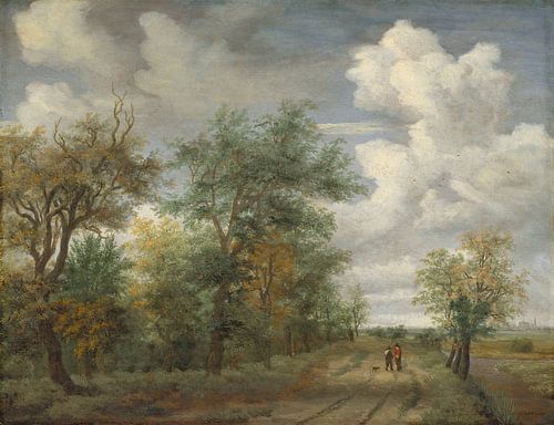 Een bebost landschap met figuren, Meindert Hobbema