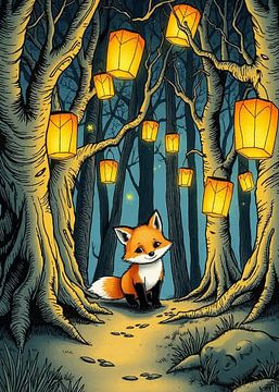 Little Red Fox in Lantern-Lit Forest – Magical Night by MIROKKU