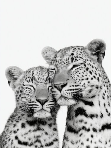Leopardenmutter und Junges – Tierkunst in Schwarzweiß
